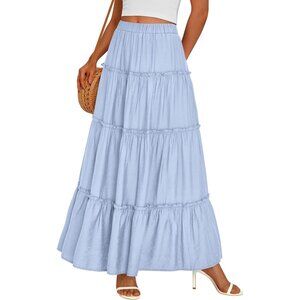 Women's Sky Blue Boho Long Flowy A Line Tiered Beach Vacation Clothes Maxi Skirt